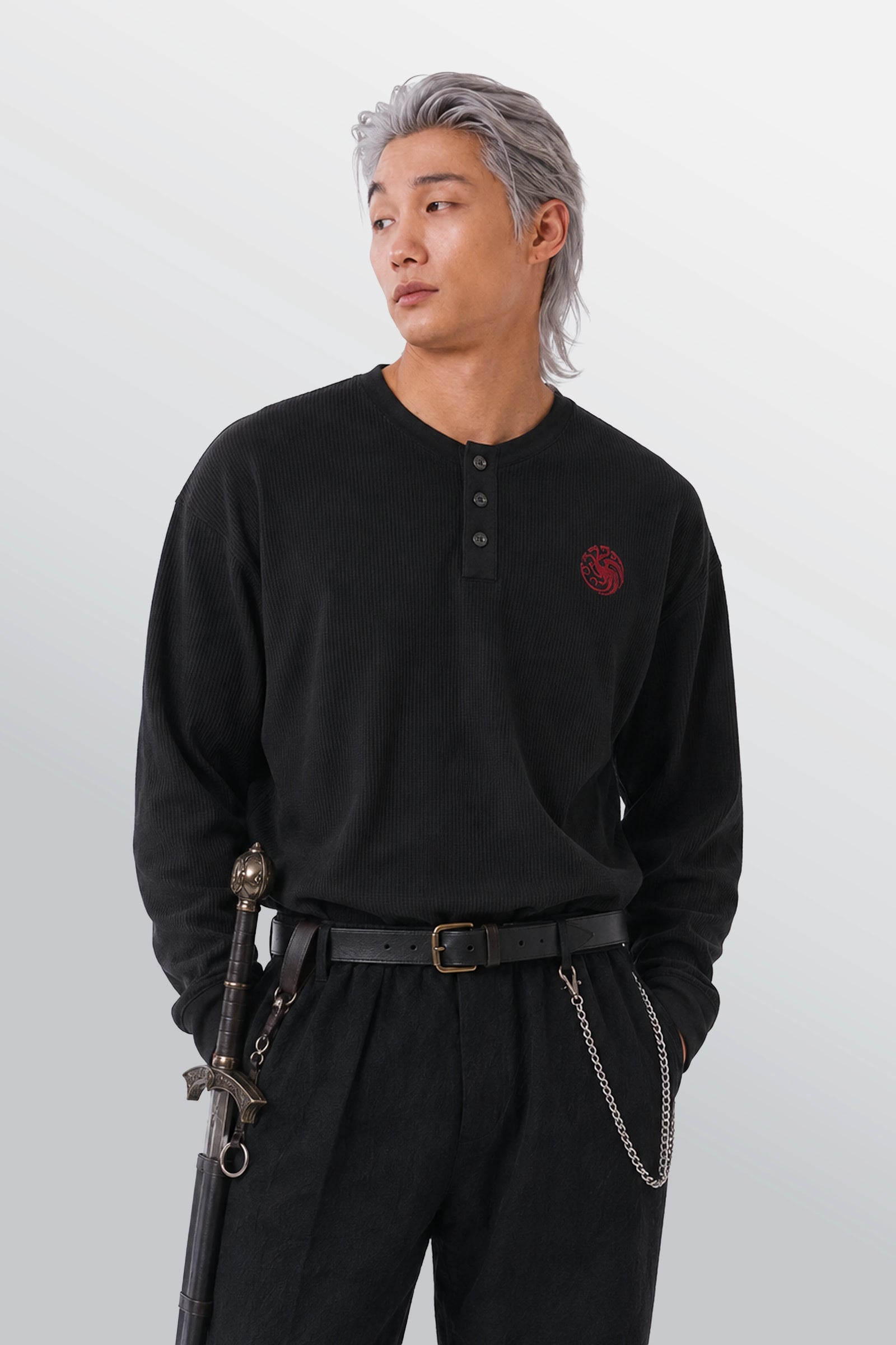 Dark Sister Oversized Henley Waffle Tee Black