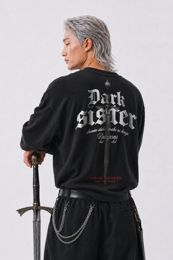 Dark Sister Oversized Henley Waffle Tee Black