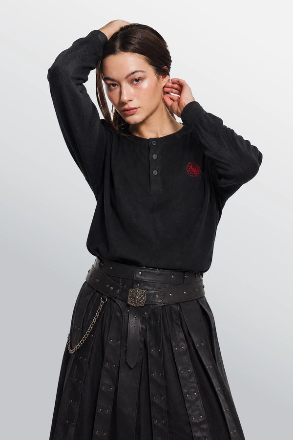 Dark Sister Oversized Henley Waffle Tee Black