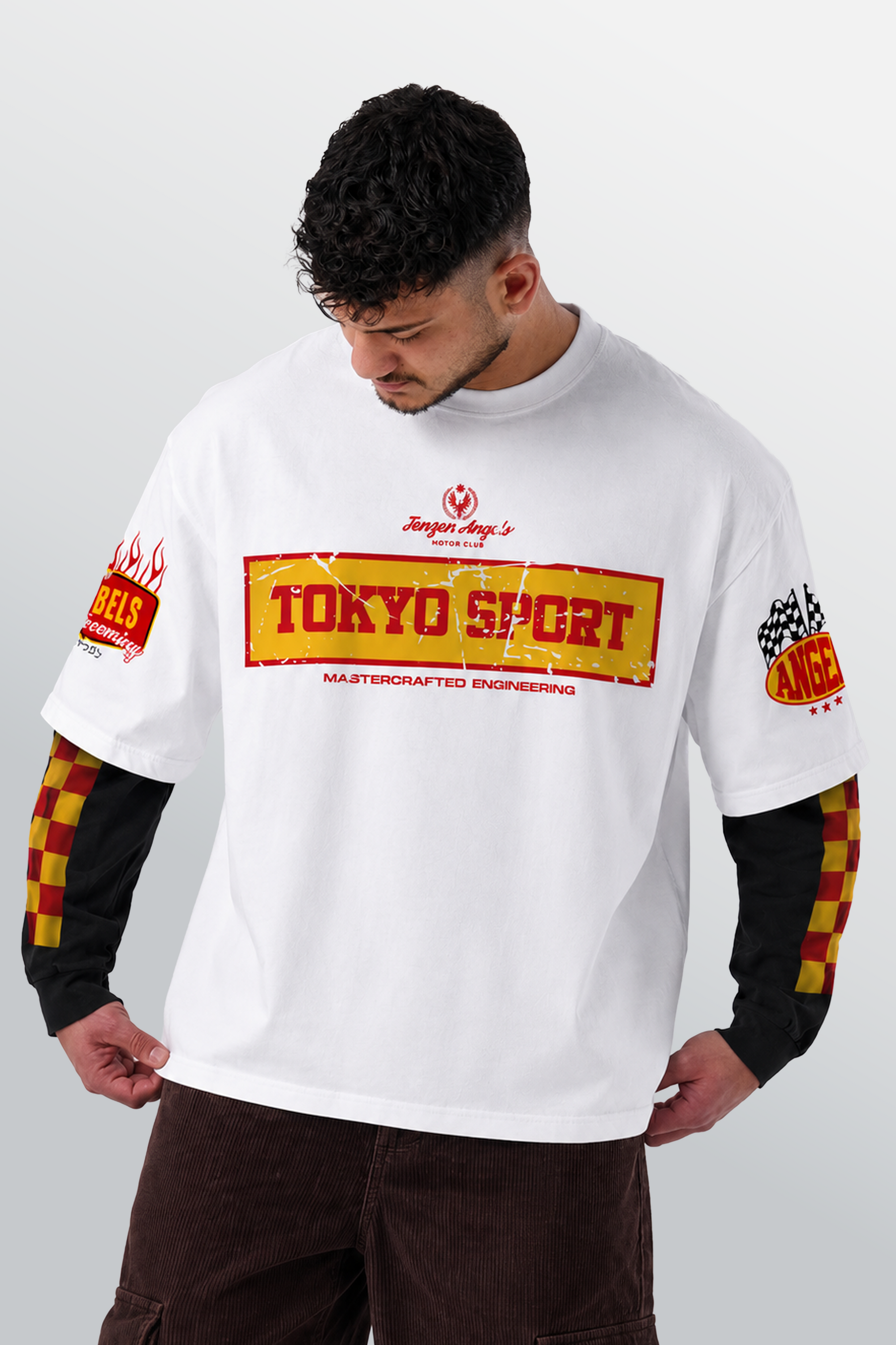 Tokyo Sport Layered Tee White – Model-Front