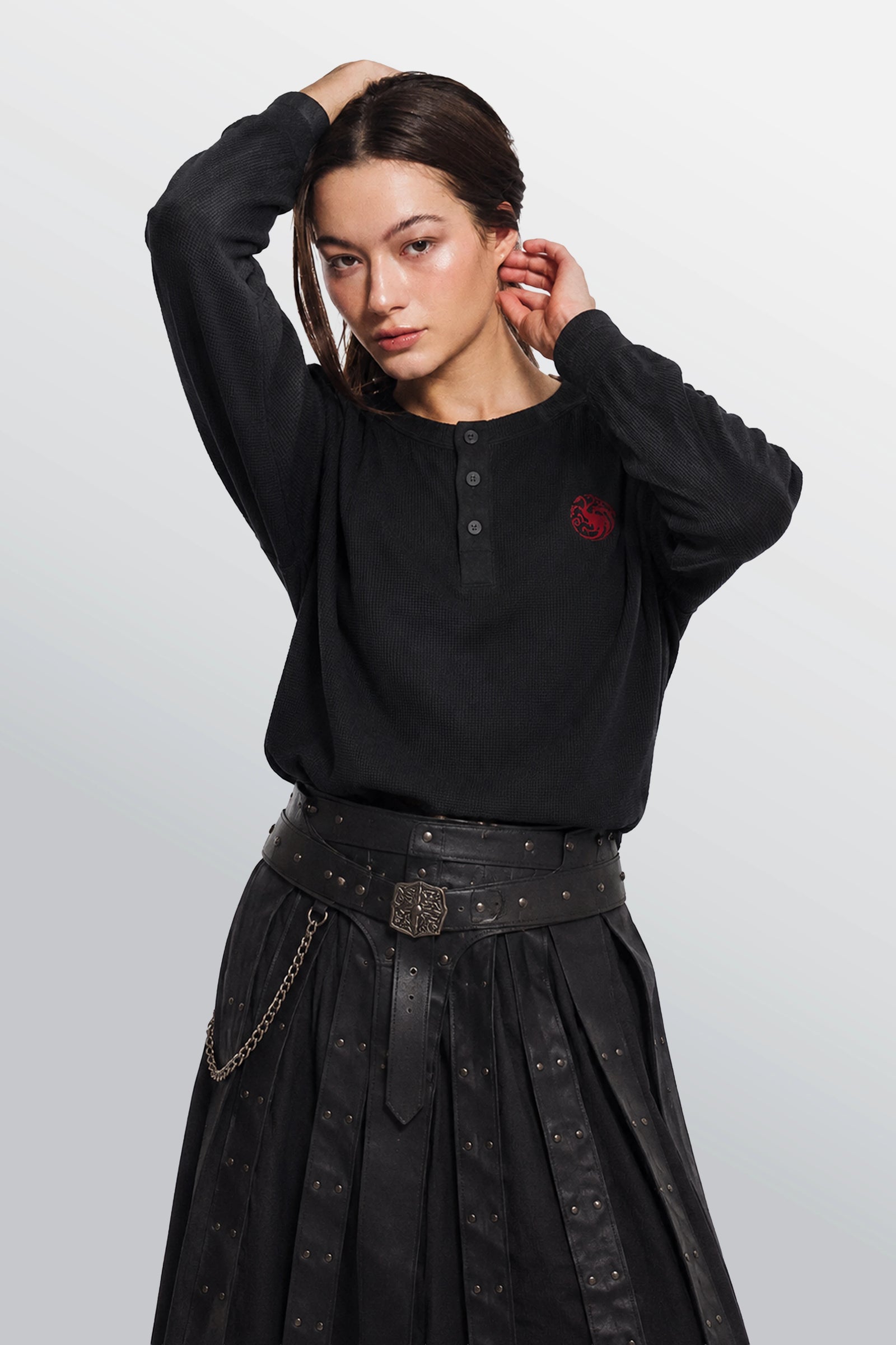 Dark Sister Oversized Henley Waffle Tee Black